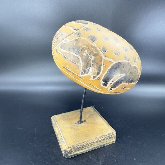 Peruvian Hand Carved Gourd On Wood Stand Leoncio Veli Peru Hand Made Sculpture - Picture 10 of 16